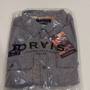 Orvis Men's Navy and White Checkered Button Down Shirt